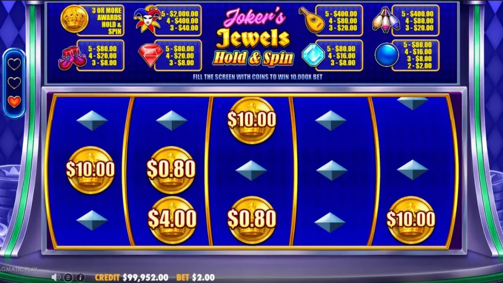 Tampilan visual slot Joker’s Jewels Hold & Spin dengan simbol permata dan joker